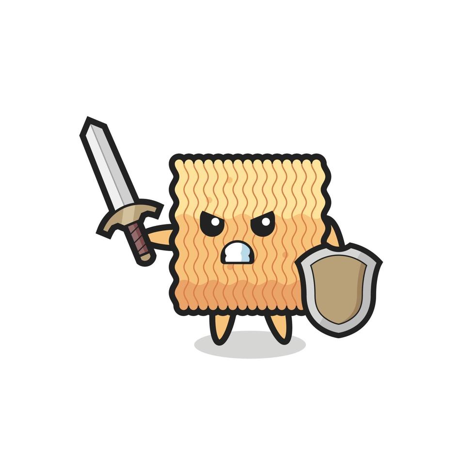 cute raw instant noodle soldier fighting with sword and shield vector