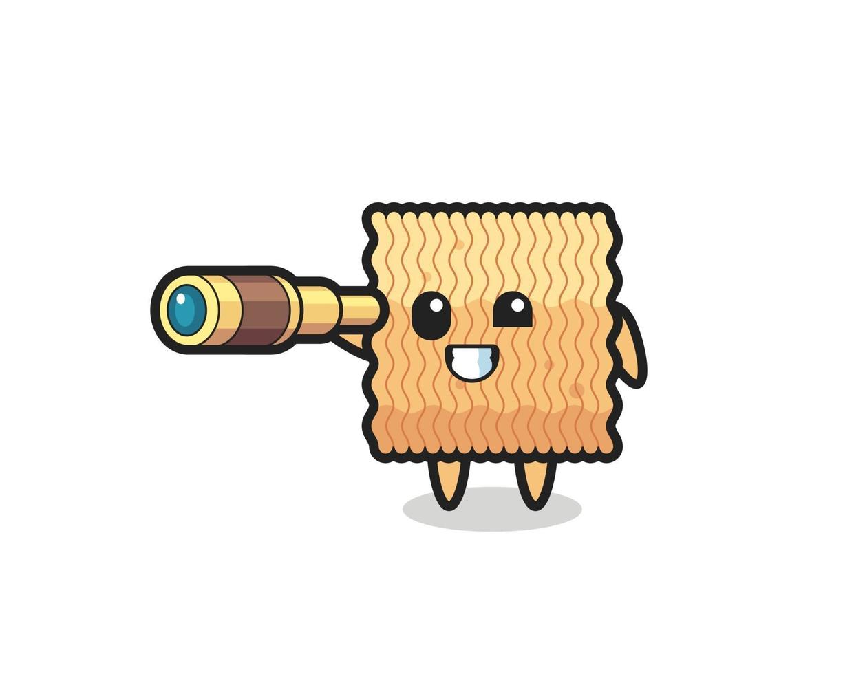 cute raw instant noodle character is holding an old telescope vector