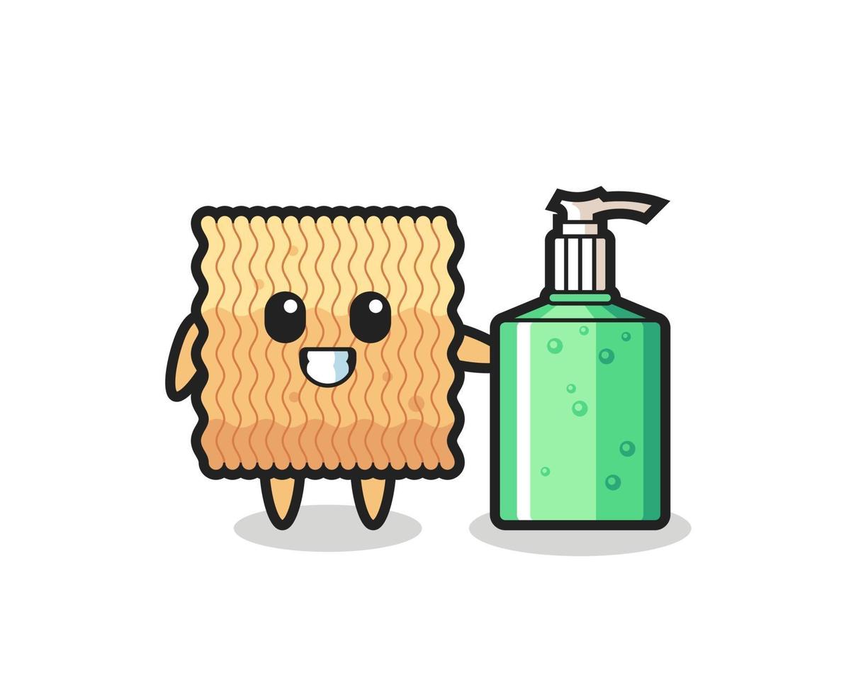 cute raw instant noodle cartoon with hand sanitizer vector