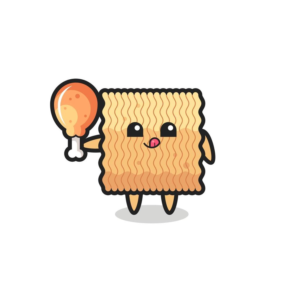 raw instant noodle cute mascot is eating a fried chicken vector