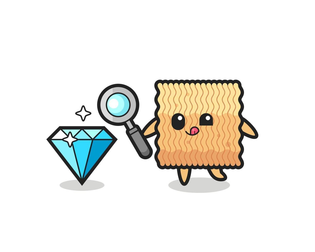 raw instant noodle mascot is checking the authenticity of a diamond vector