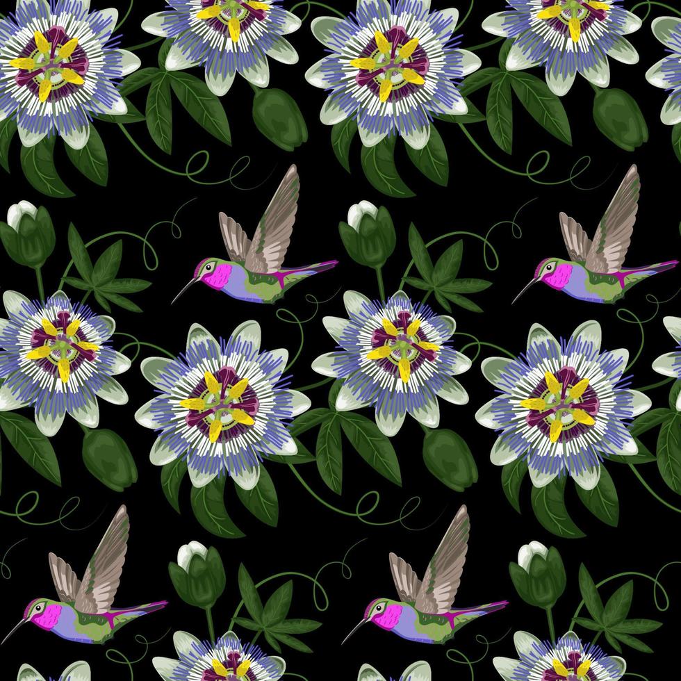 Hummingbird and Passiflora Seamless Pattern vector