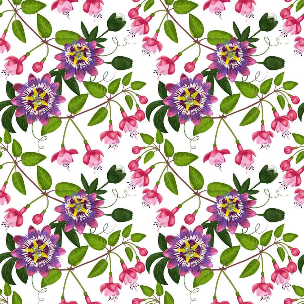 Fuchsia and Passiflora Seamless Pattern vector