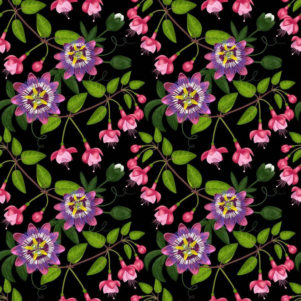 Fuchsia and Passiflora Seamless Pattern vector