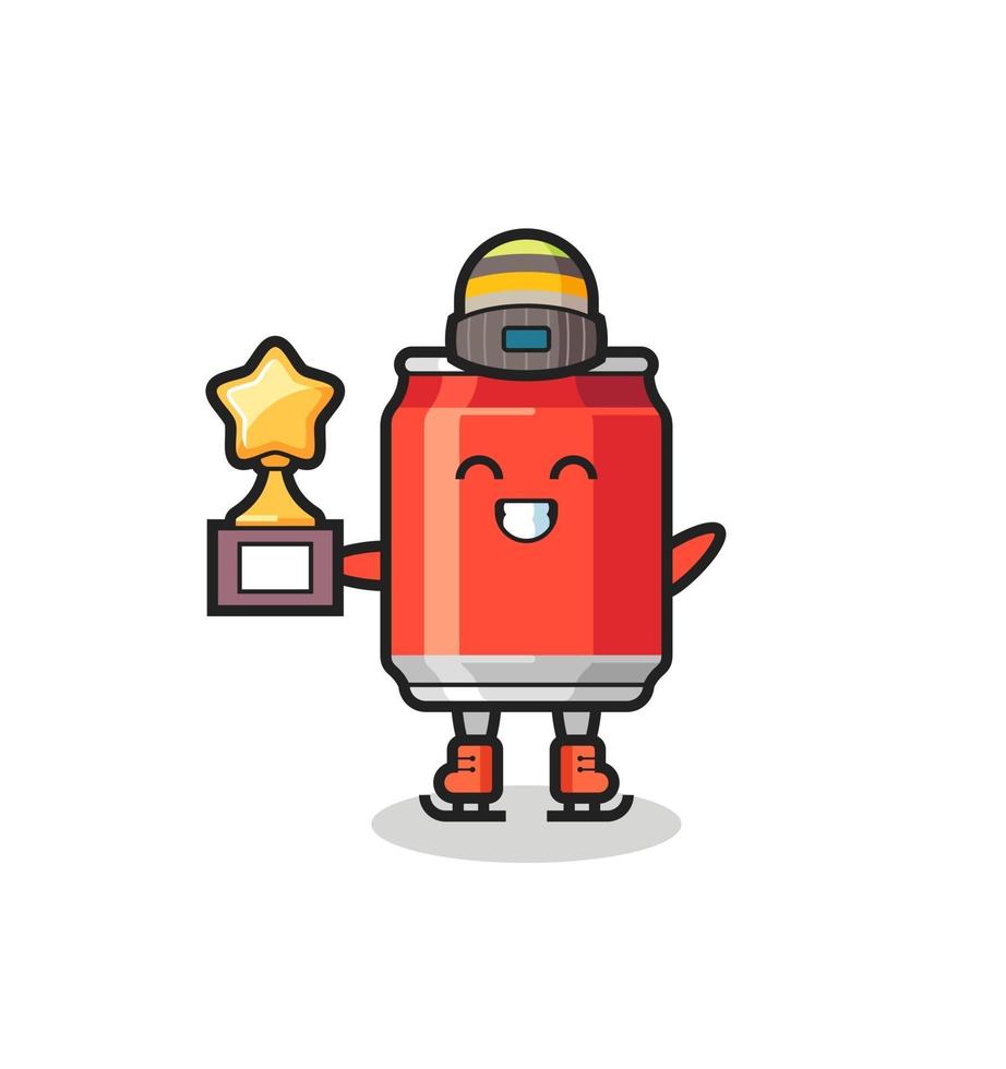 drink can cartoon as an ice skating player hold winner trophy vector