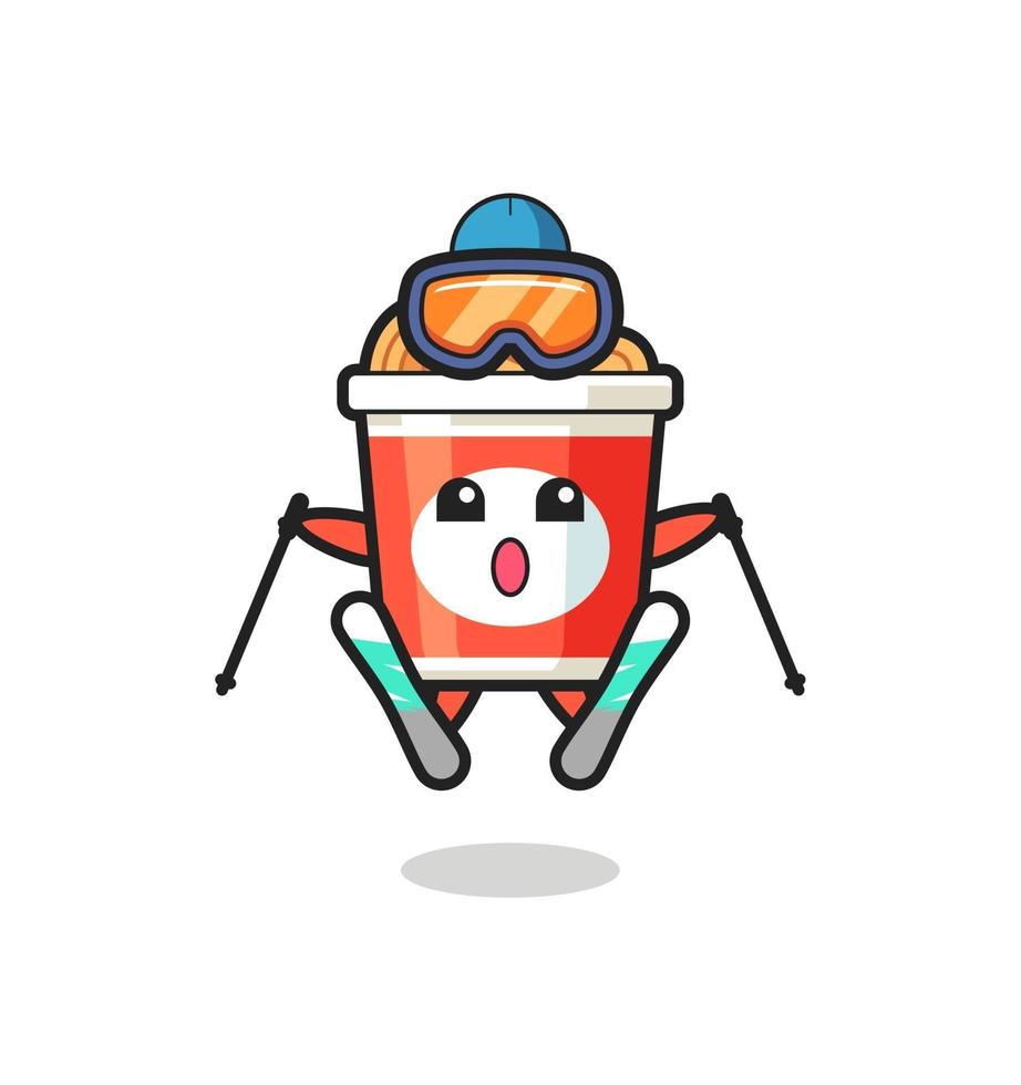 Personaje de mascota de fideos instantáneos como jugador de esquí. vector