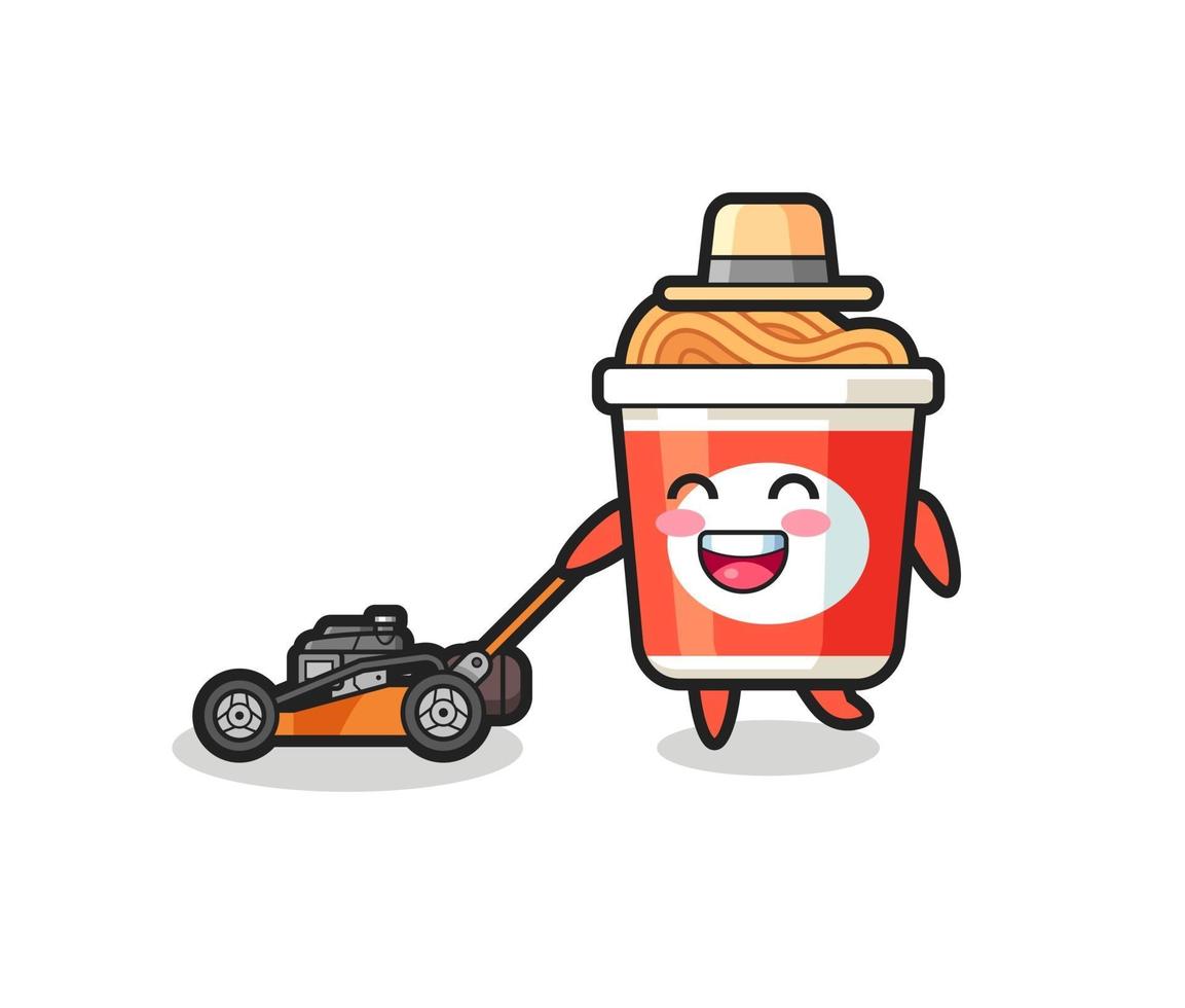 illustration of the instant noodle character using lawn mower vector