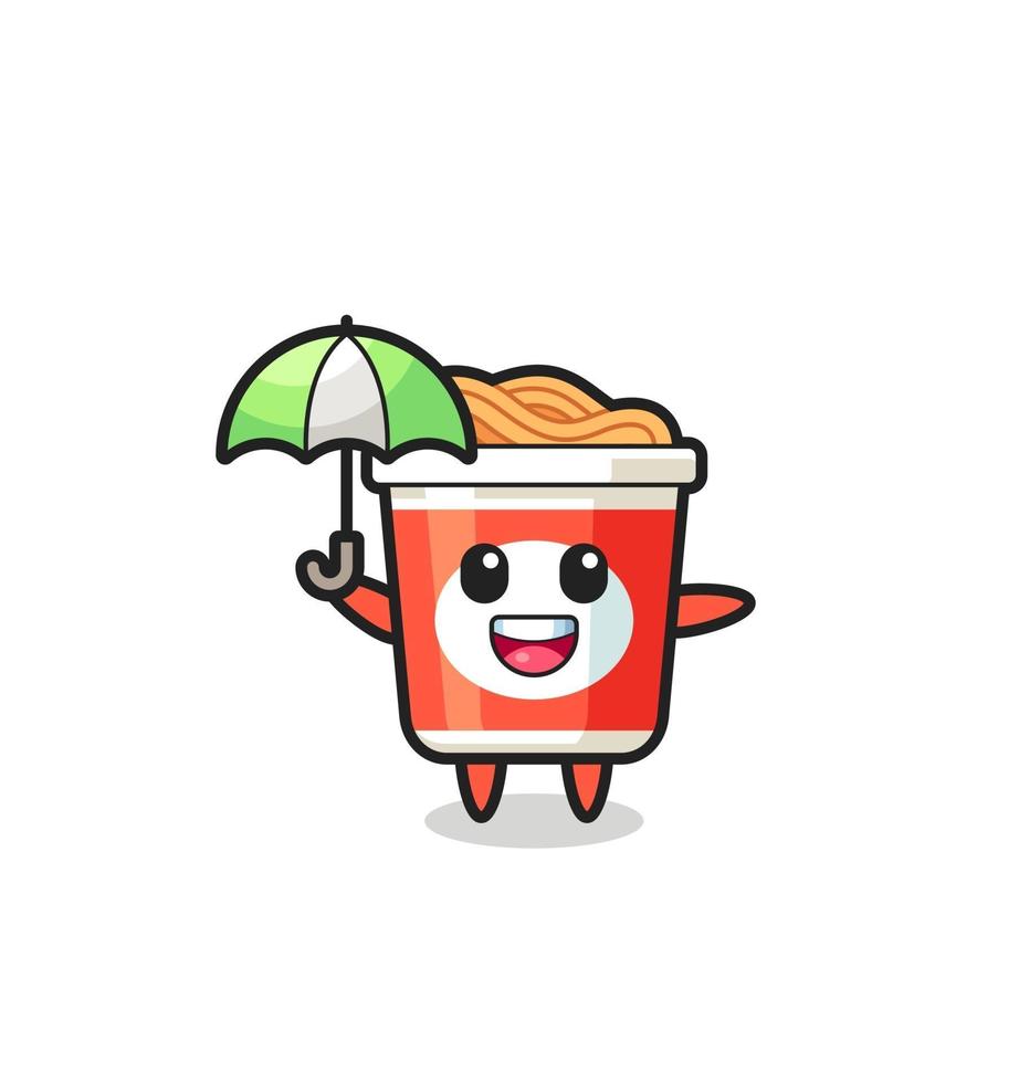 cute instant noodle illustration holding an umbrella vector