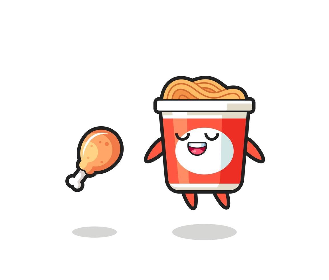 cute instant noodle floating and tempted because of fried chicken vector