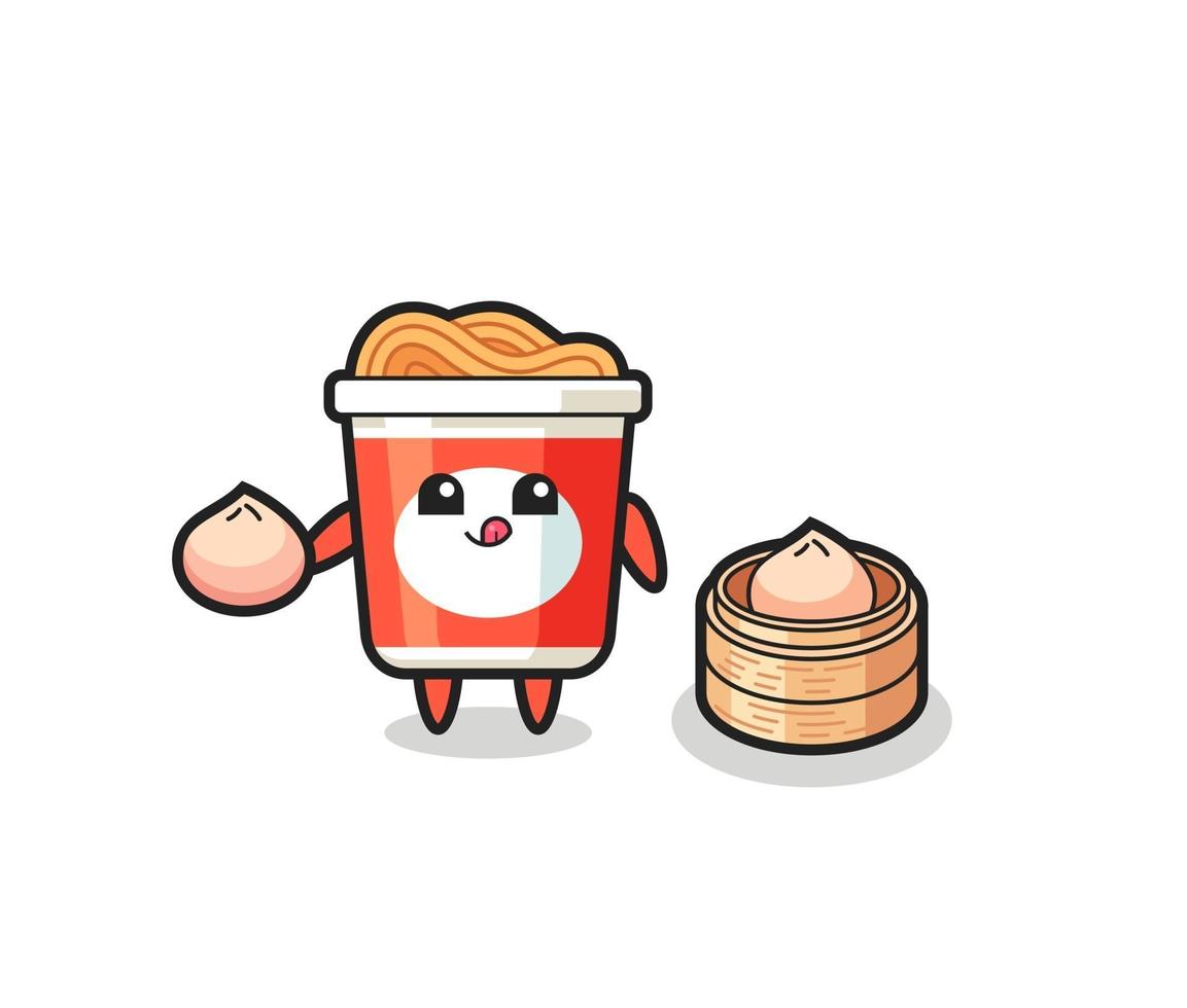 cute instant noodle character eating steamed buns vector