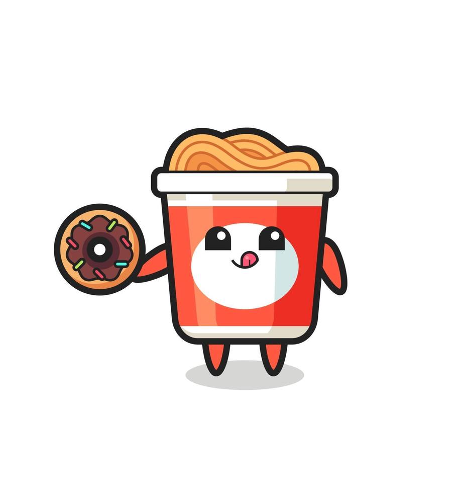 Ilustración de un personaje de fideos instantáneos comiendo una rosquilla vector