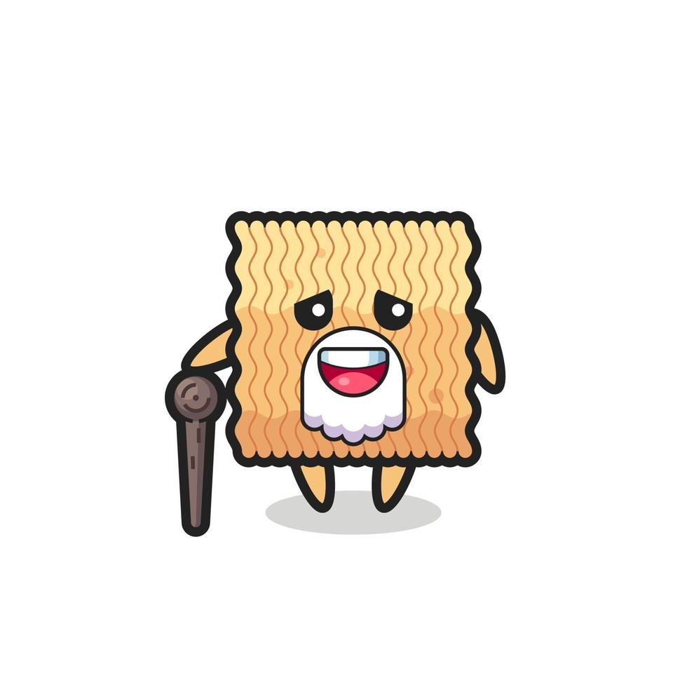 cute raw instant noodle grandpa is holding a stick vector