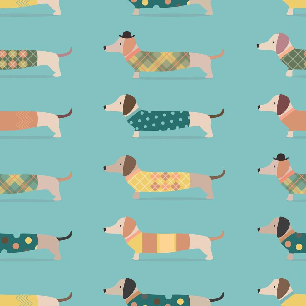 Seamless pattern with dachshund dogs in clothes on blue background vector