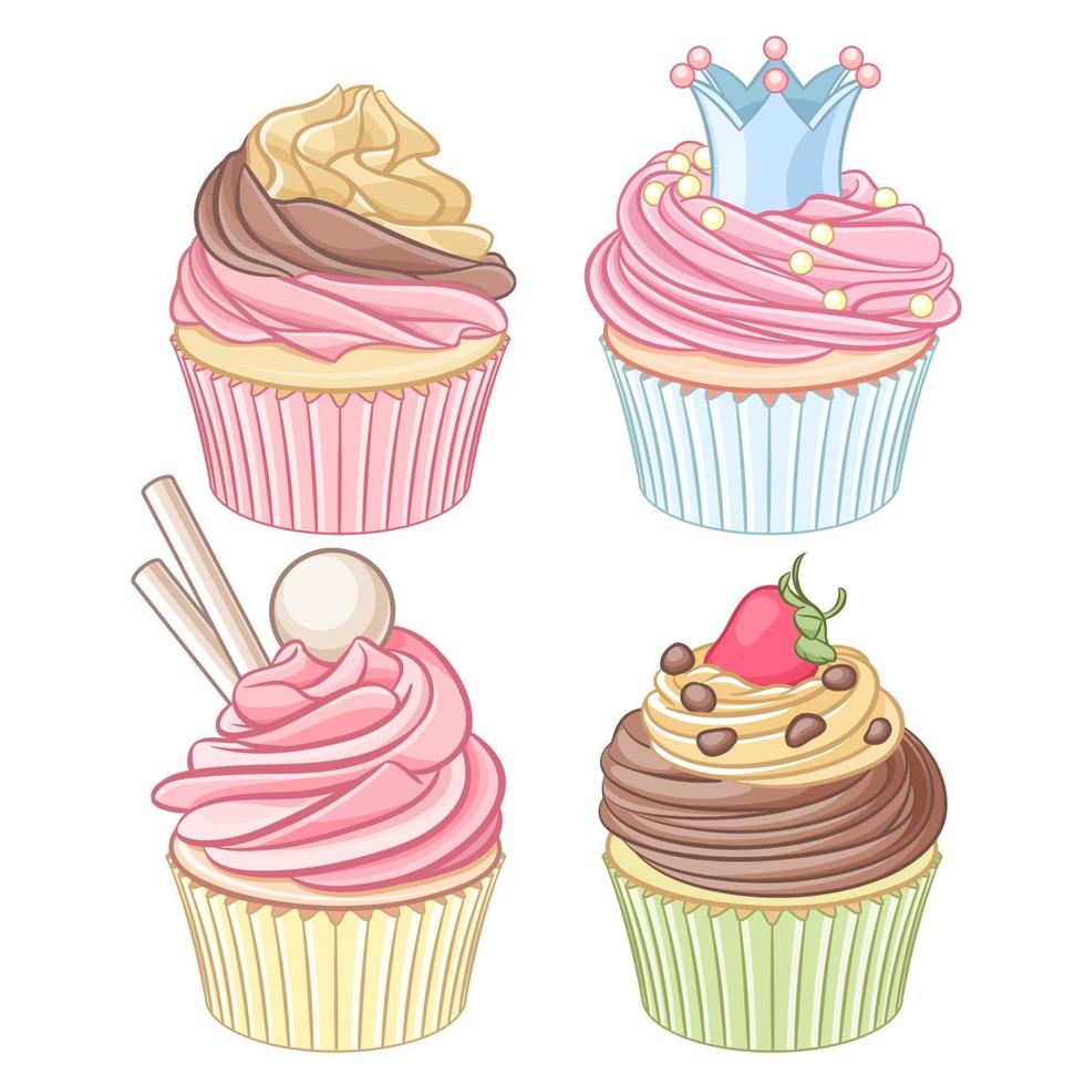 vector, conjunto, de, cupcakes, aislado, blanco, plano de fondo vector