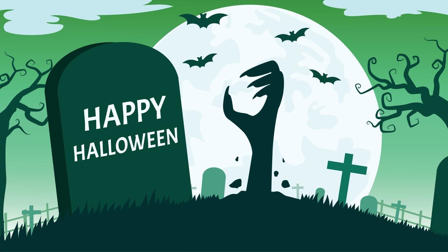 Halloween background with zombies hand in graveyard and the full moon vector