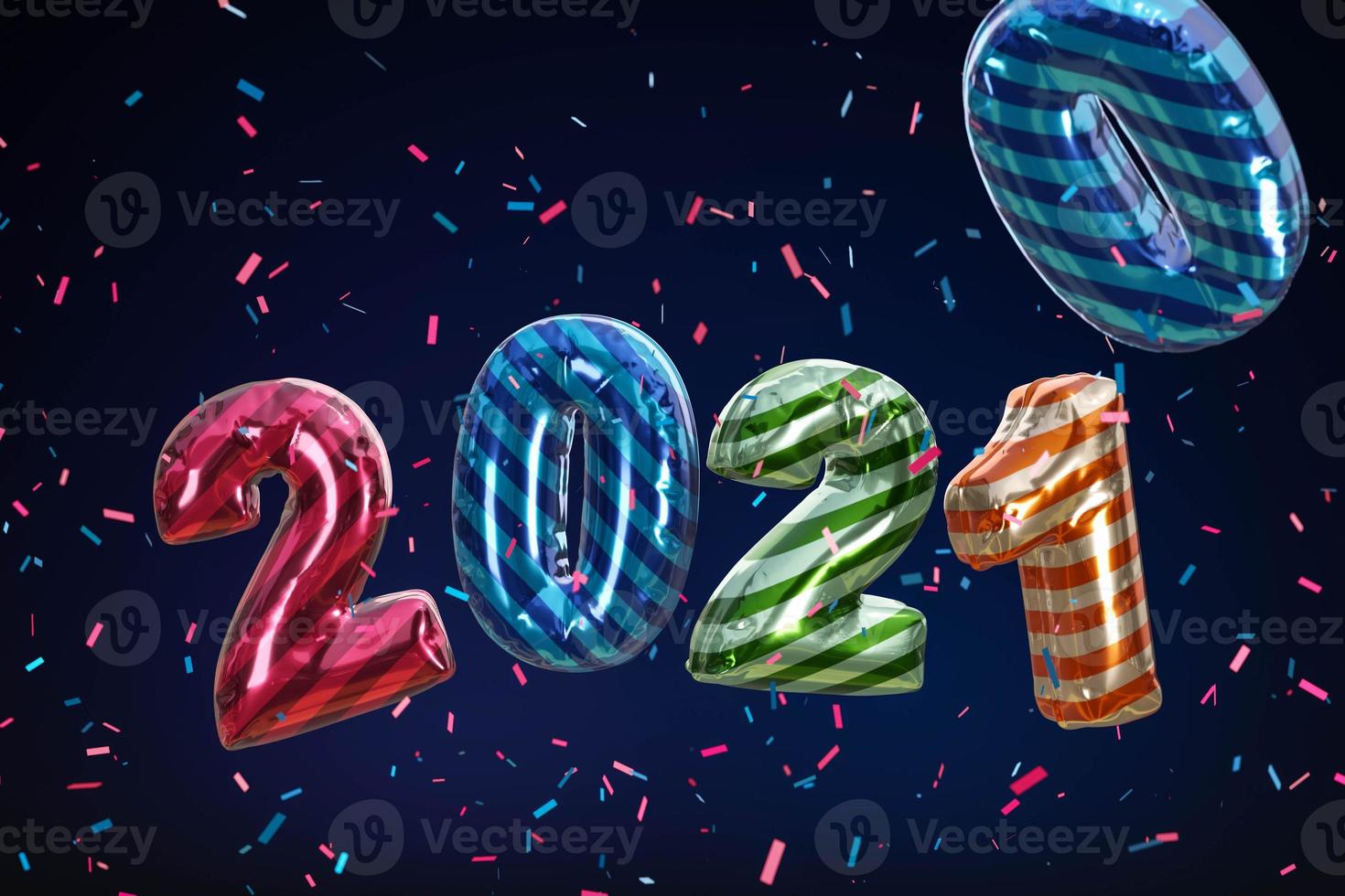 2021 Happy New Year. Holiday 3d Party   bollon metallic color photo