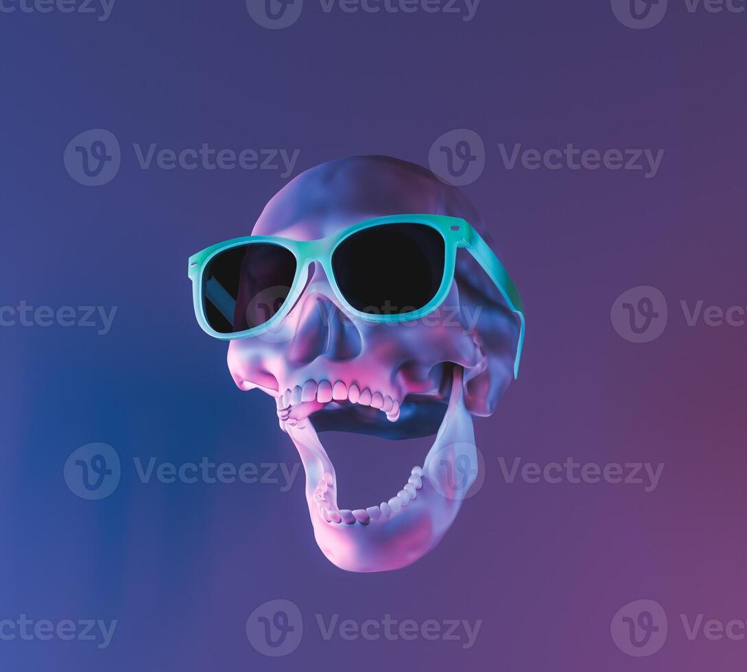 skull with neon lighting and sunglasses photo