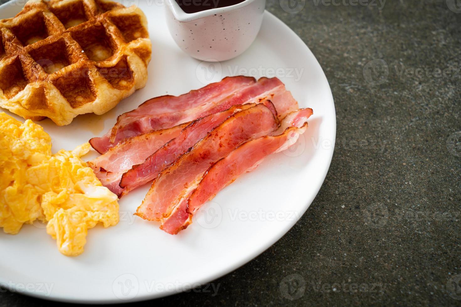 scrambled egg with bacon and waffle photo