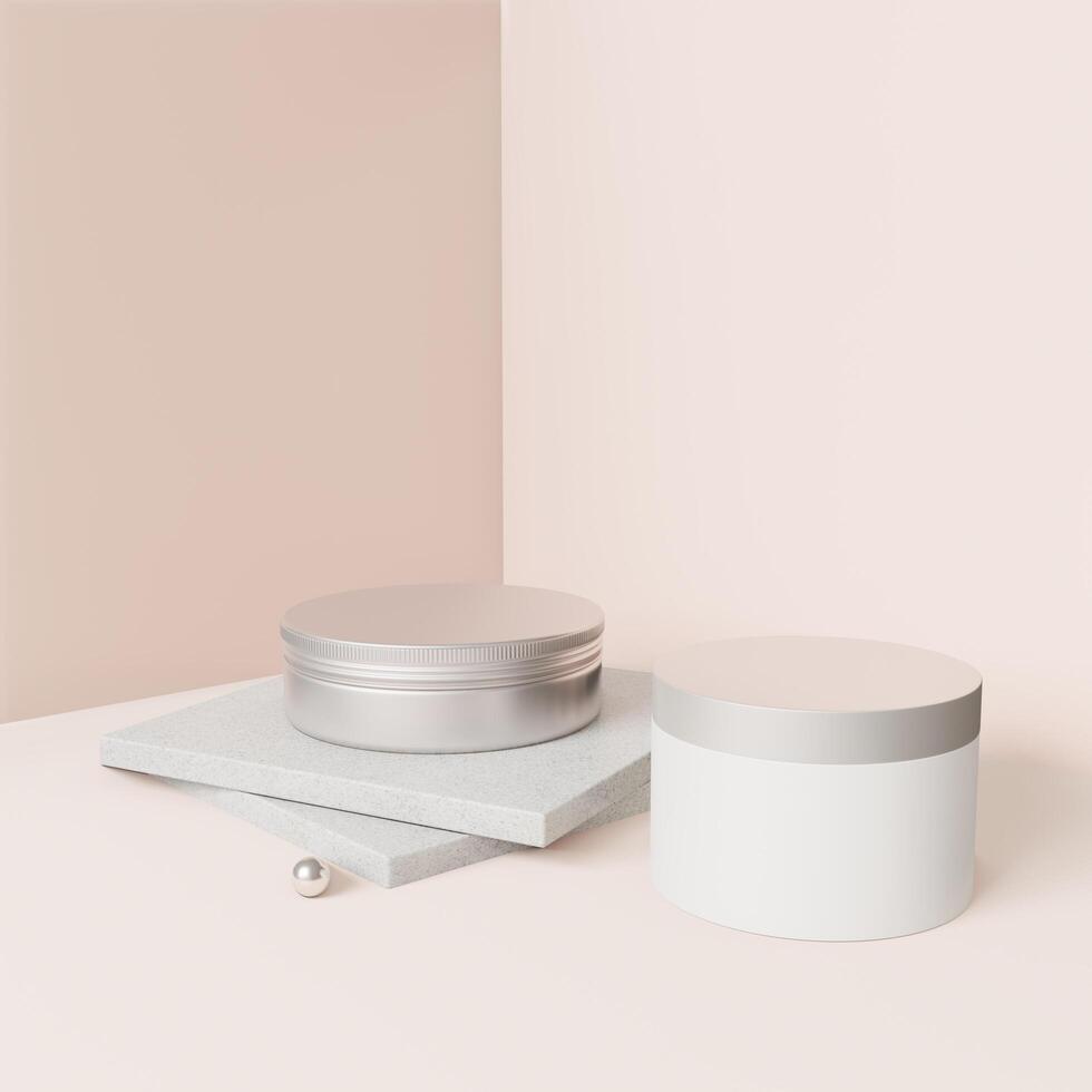 A white cream jar placed on a pink background photo