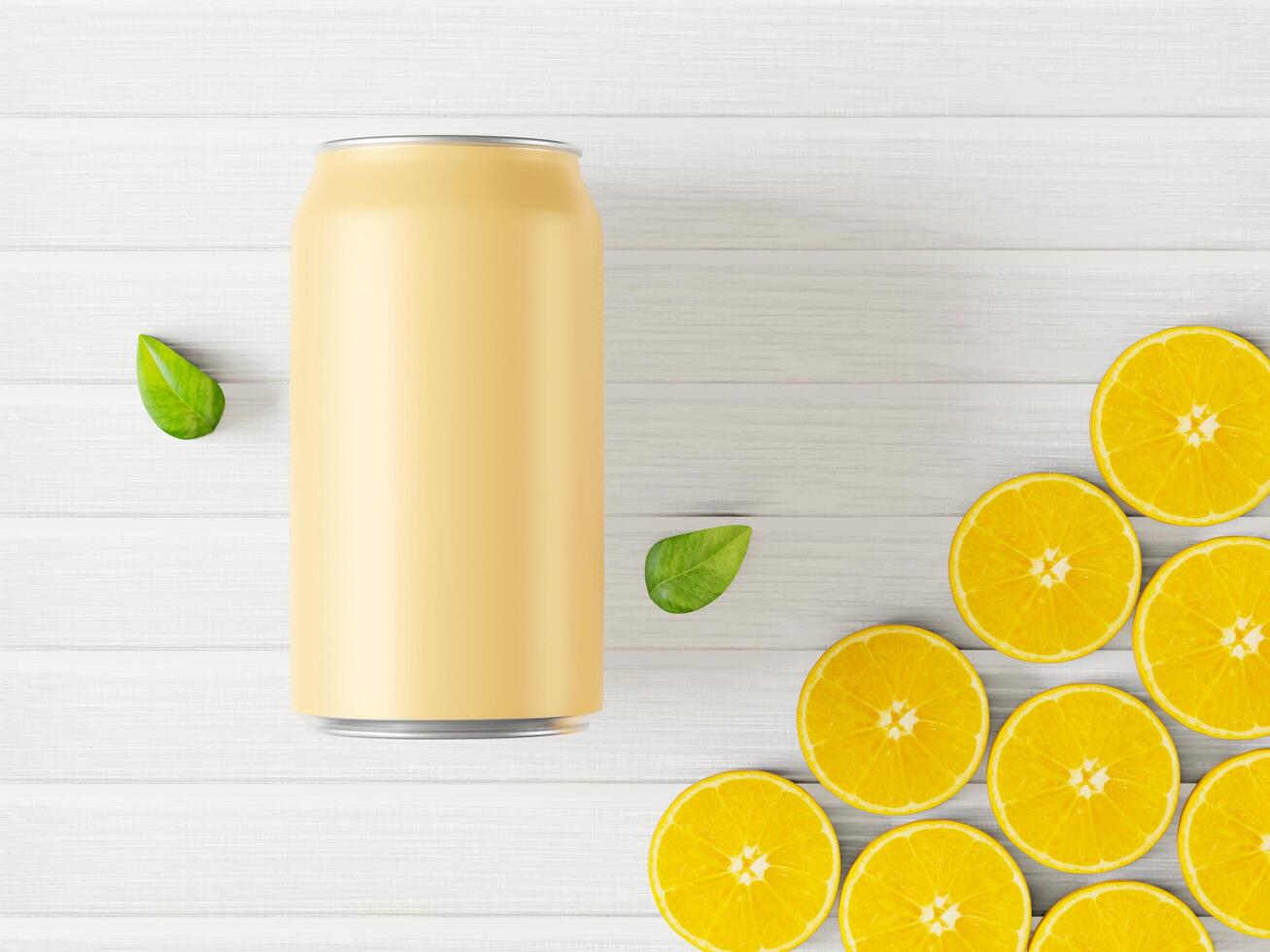 A can of orange juice with oranges on a white background. photo