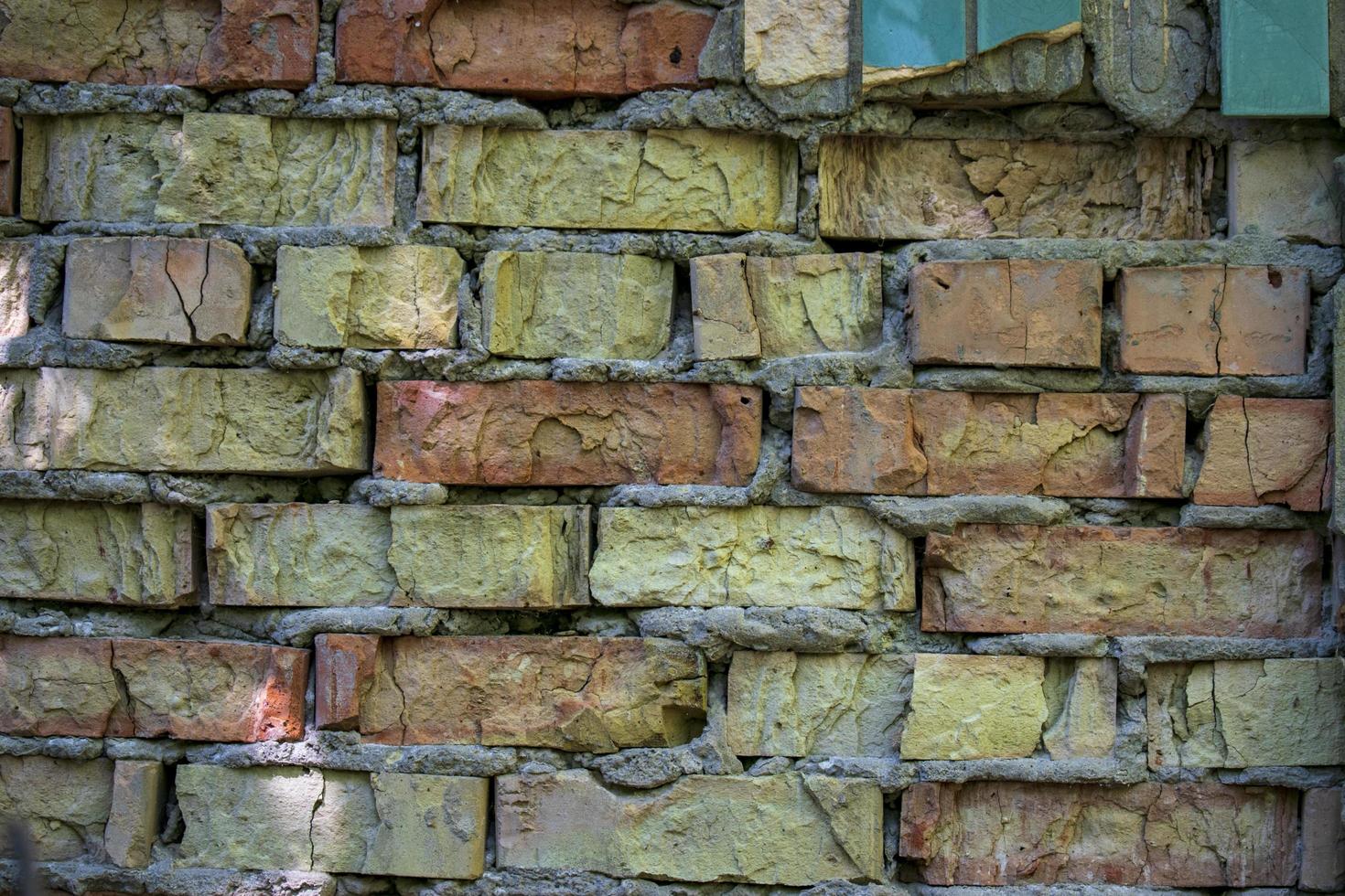 Old cracked brown brick wall textured background photo