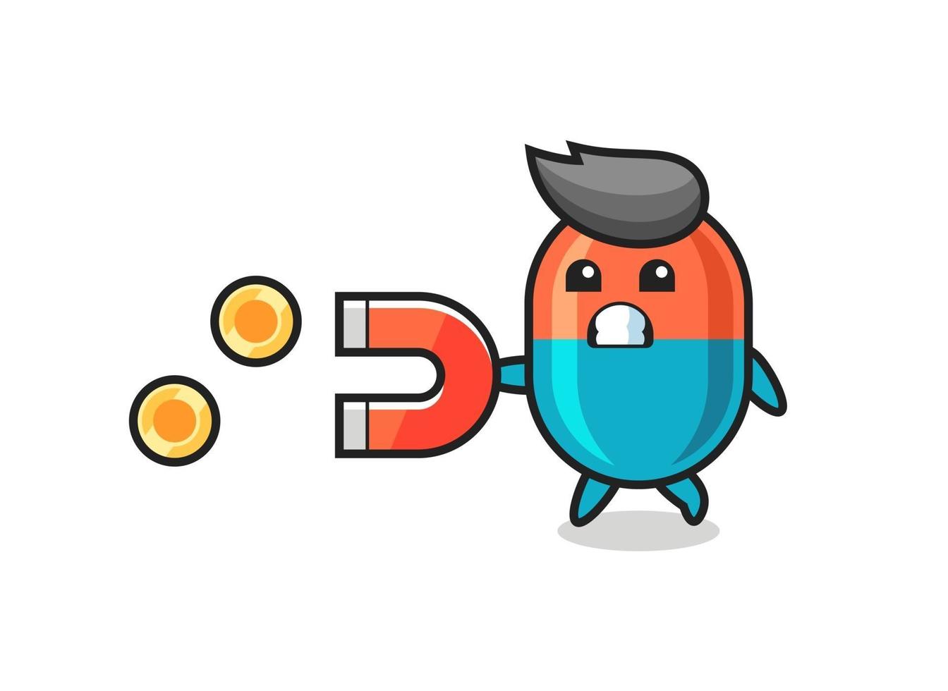 the character of capsule hold a magnet to catch the gold coins vector