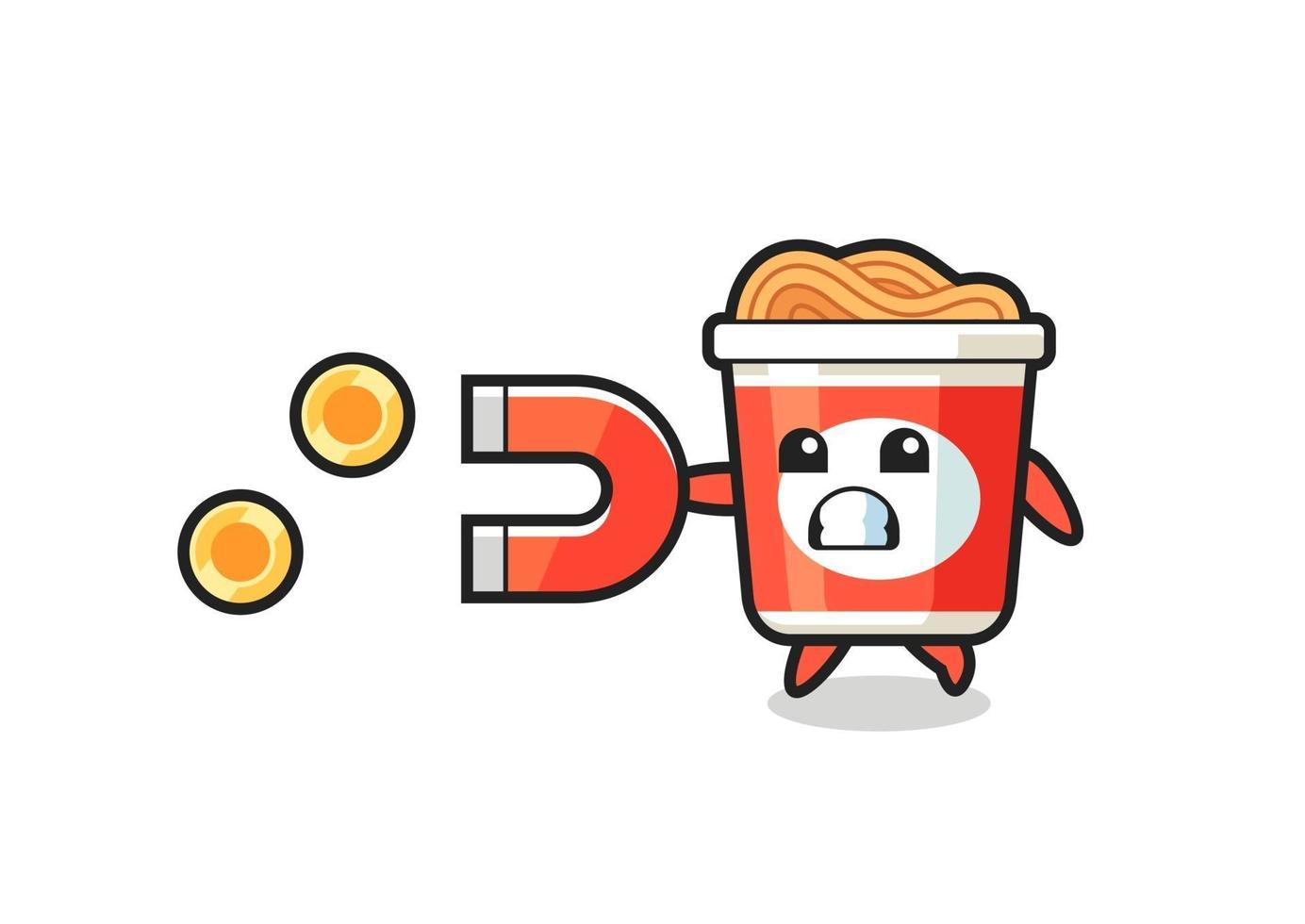 the character of instant noodle hold a magnet to catch the gold coins vector