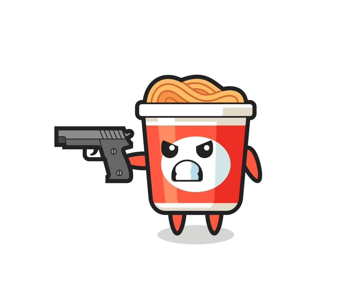 the cute instant noodle character shoot with a gun vector