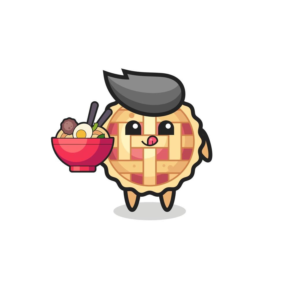 cute apple pie character eating noodles vector
