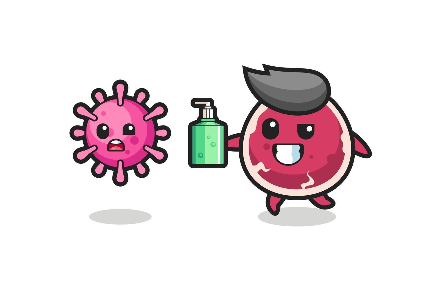 illustration of beef character chasing evil virus with hand sanitizer vector