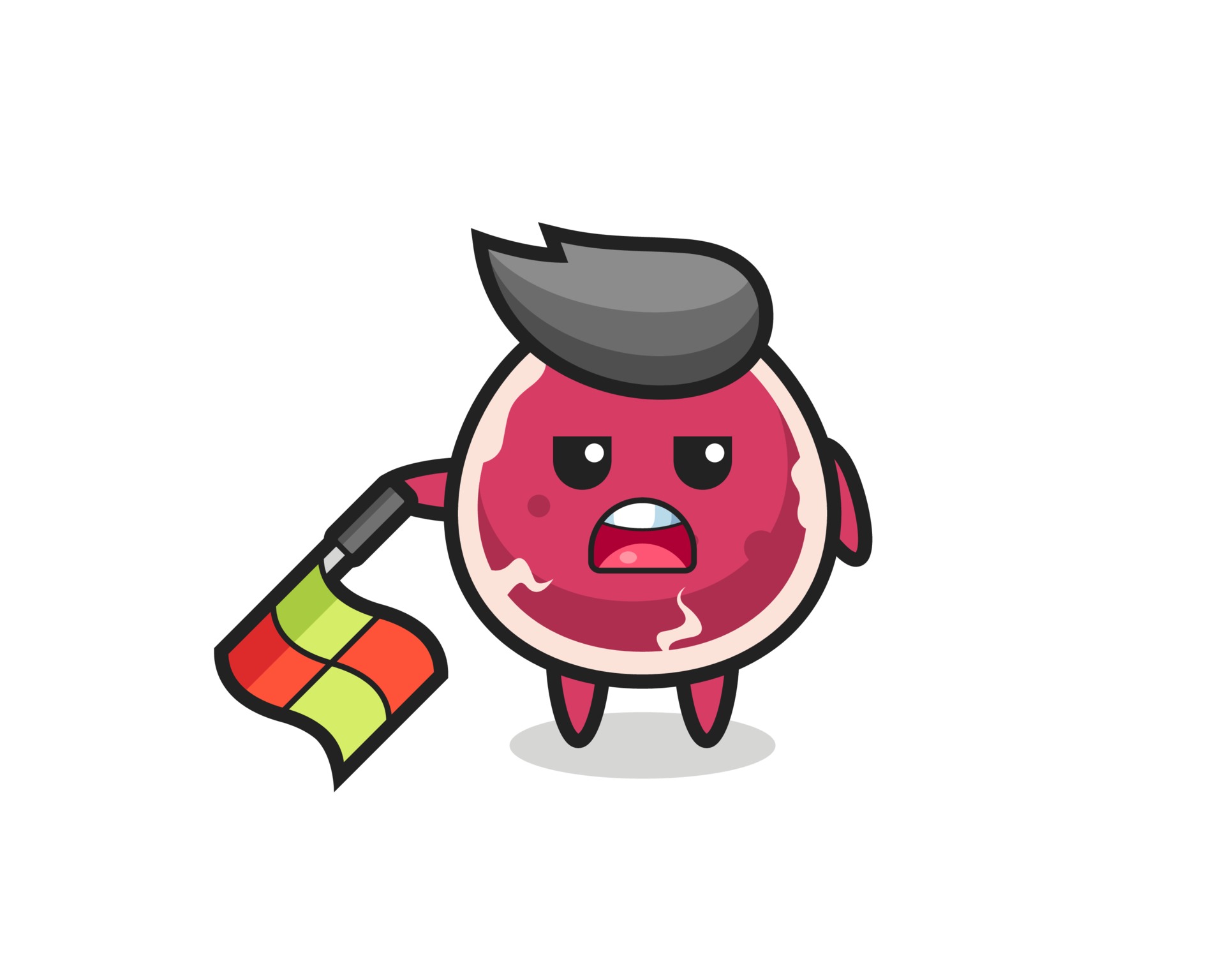 beef character as line judge hold the flag down at a 45 degree angle