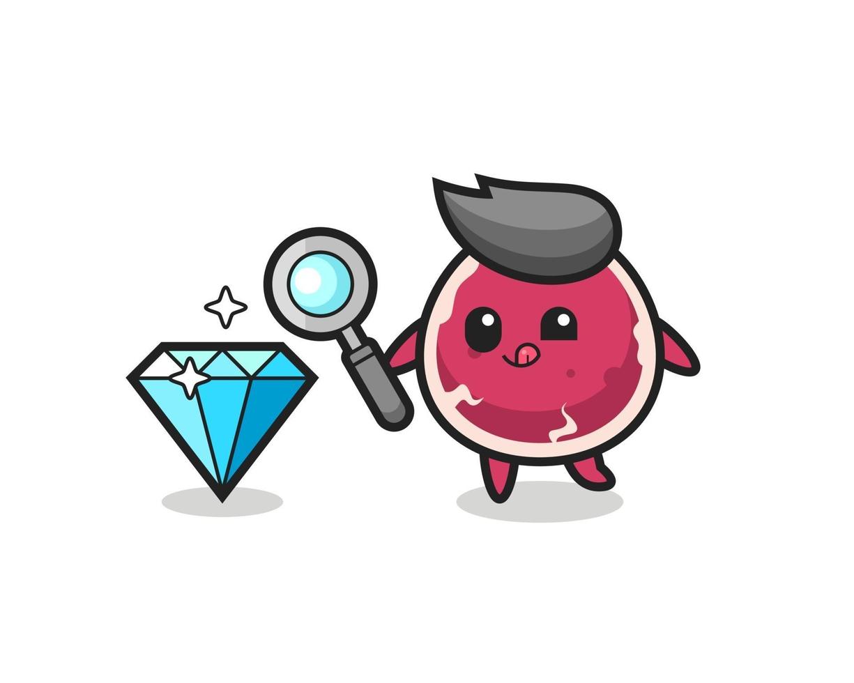 beef mascot is checking the authenticity of a diamond vector