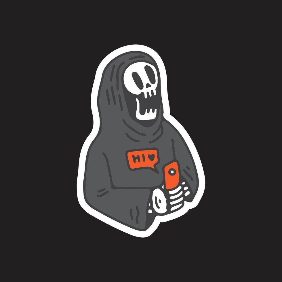 skull grim reaper with hand phone using social media illustration. vector