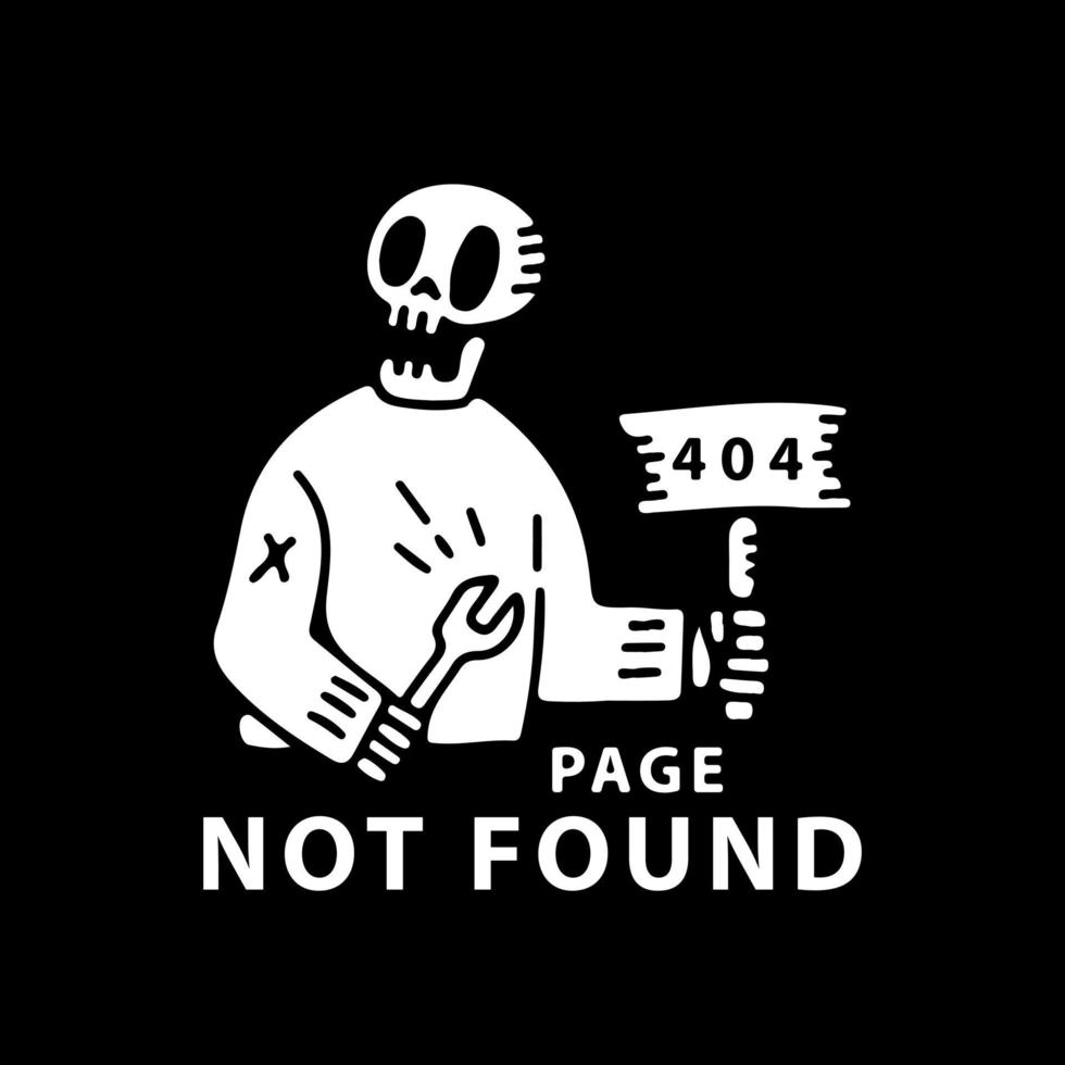 Skull holding sign 404 error page not found. illustration for t 