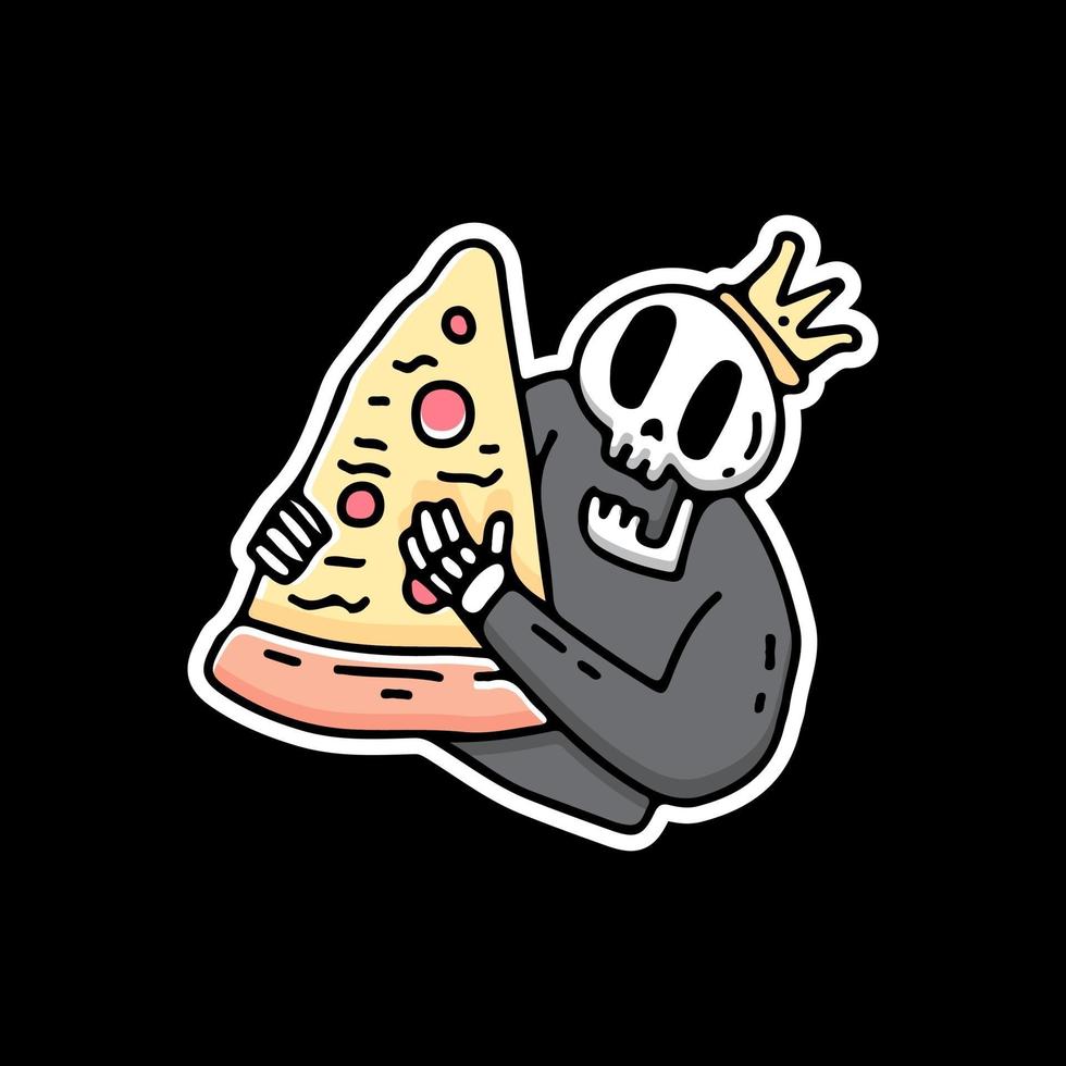 Rey del cráneo sosteniendo una ilustración de pizza grande. vector para camiseta