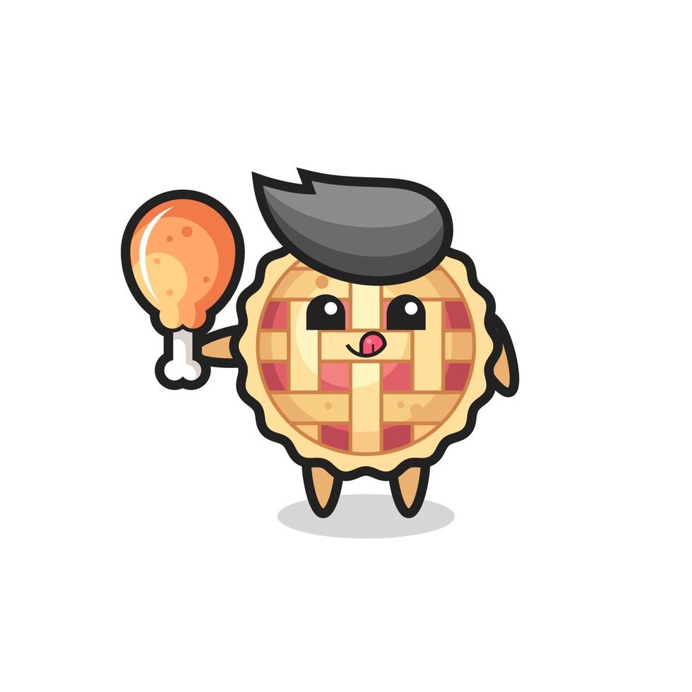 apple pie cute mascot is eating a fried chicken vector