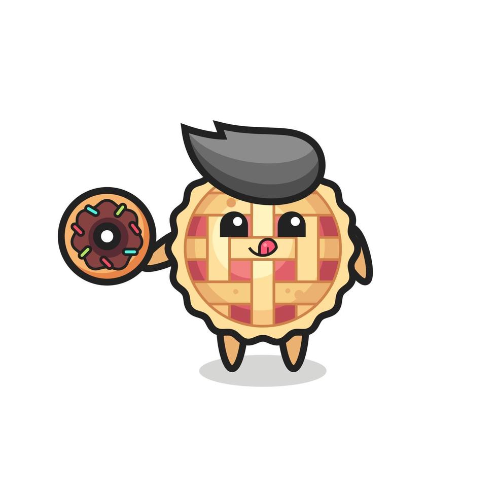 illustration of an apple pie character eating a doughnut vector