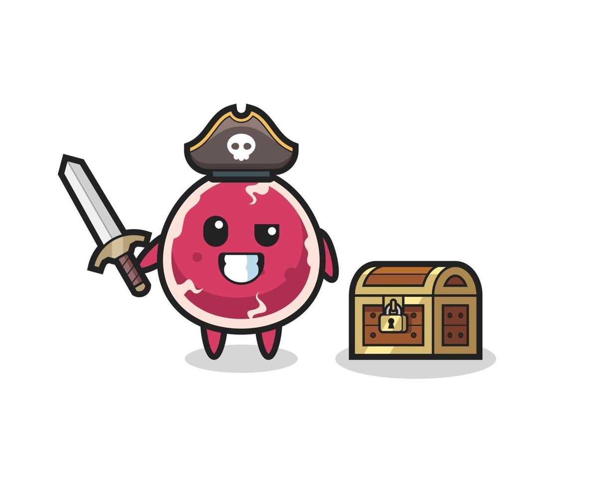 the beef pirate character holding sword beside a treasure box vector