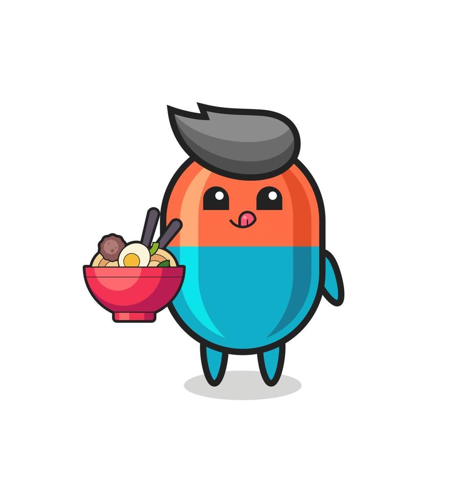 lindo personaje de cápsula comiendo fideos vector