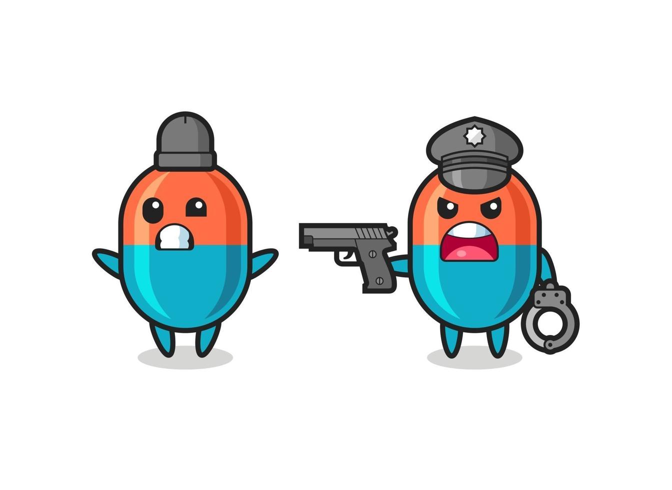 illustration of capsule robber with hands up pose caught by police vector