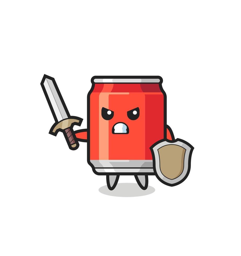 cute drink can soldier fighting with sword and shield vector