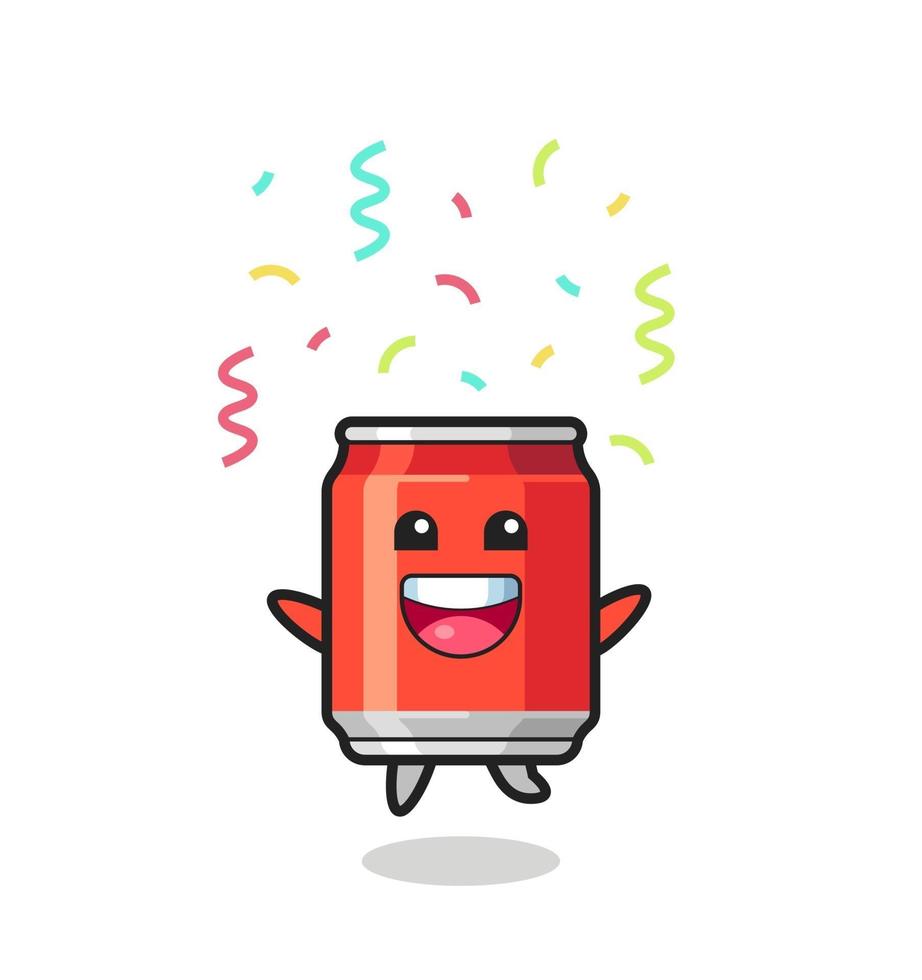 happy drink can mascot jumping for congratulation with colour confetti vector