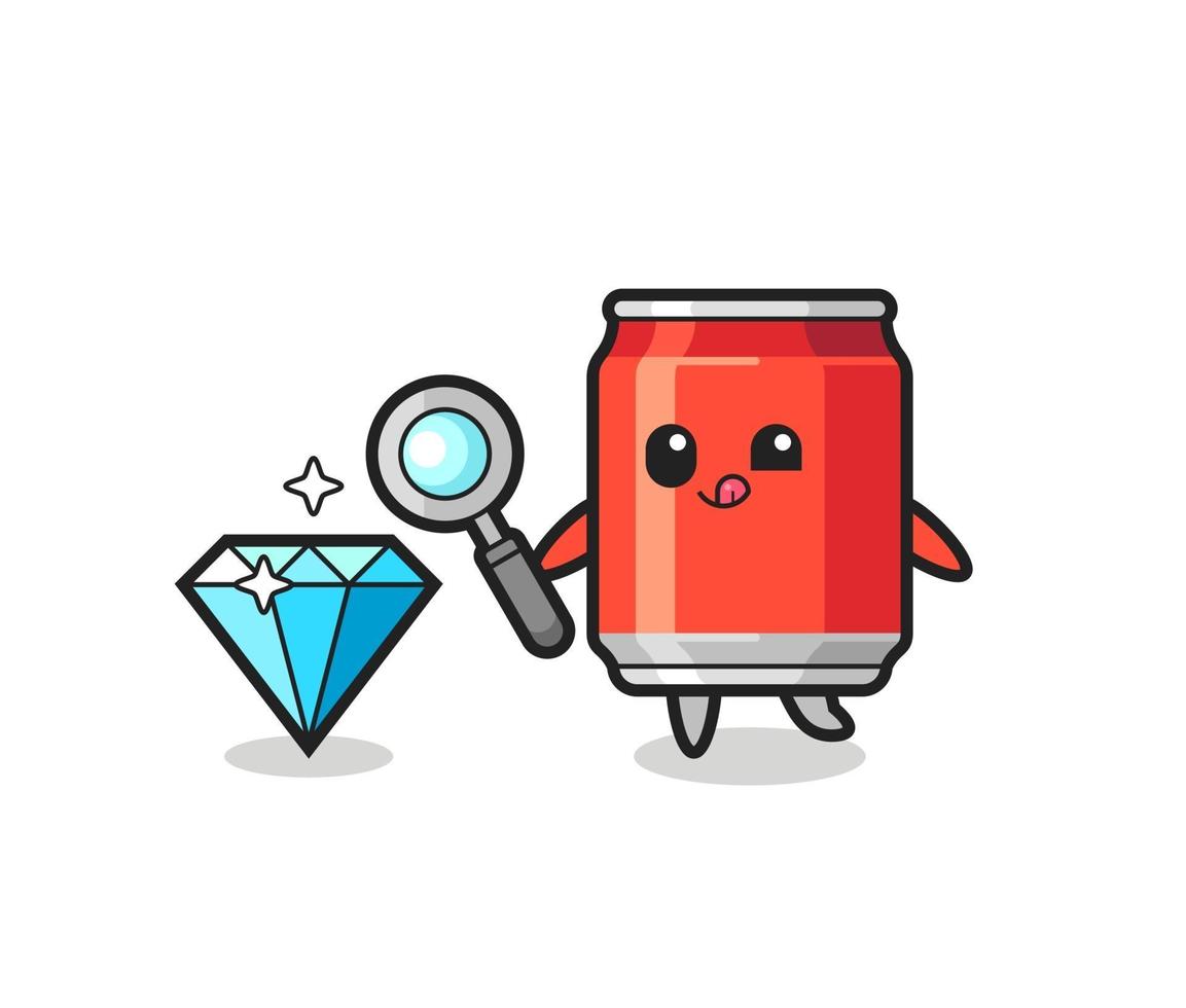 drink can mascot is checking the authenticity of a diamond vector