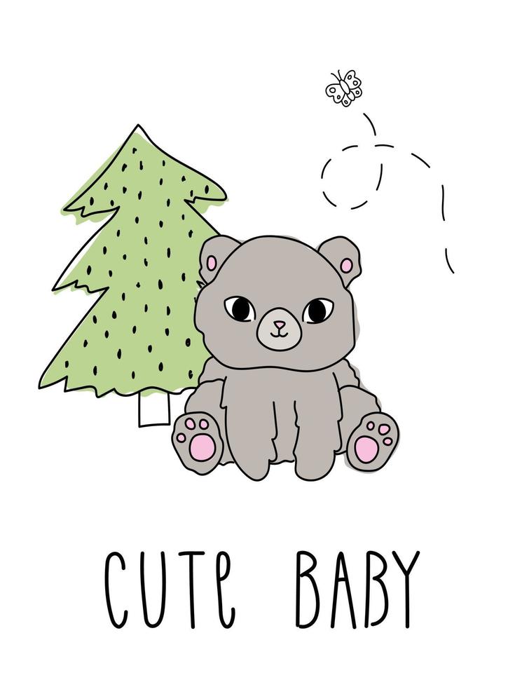 Cute bear isolated tree doodle Hand drawn forest animals Text baby vector