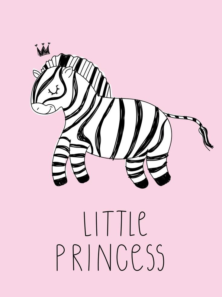 Cute zebra doodle crown Hand drawn safari animals Text little princess vector