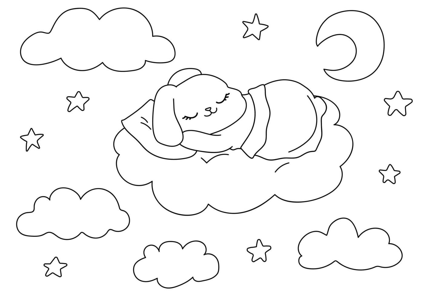 Cute rabbit sleeping clouds Coloring book animal bunny stars moon vector