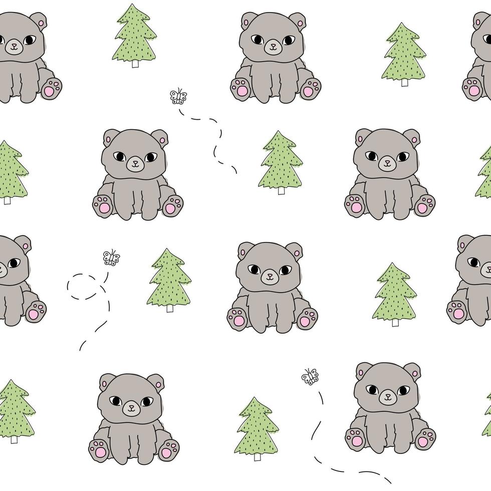 Cute bear white pattern tree doodle Hand drawn seamless forest animals vector