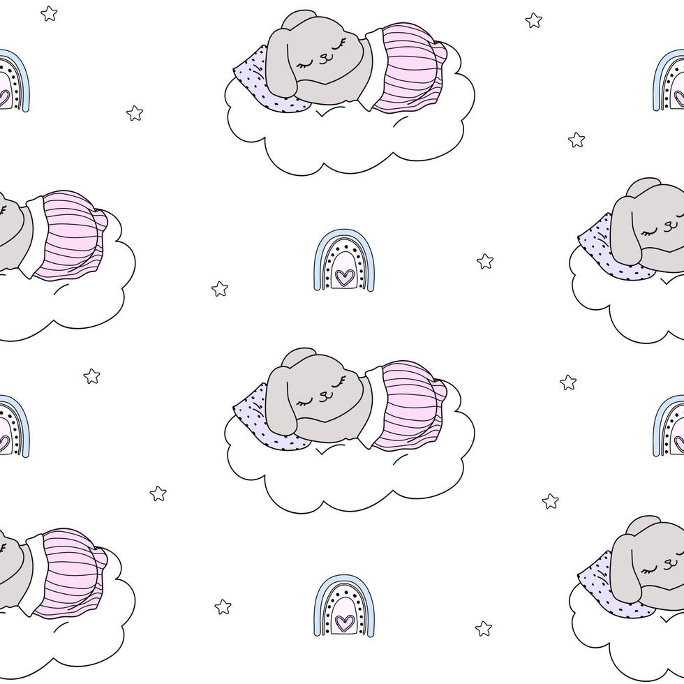 dibujos animados lindo mascota bebé conejo conejito nocturno patrón blanco estrellas arco iris vector