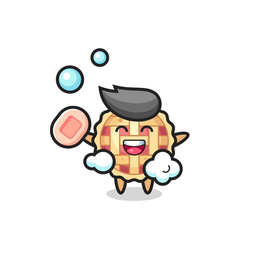 apple pie character is bathing while holding soap vector