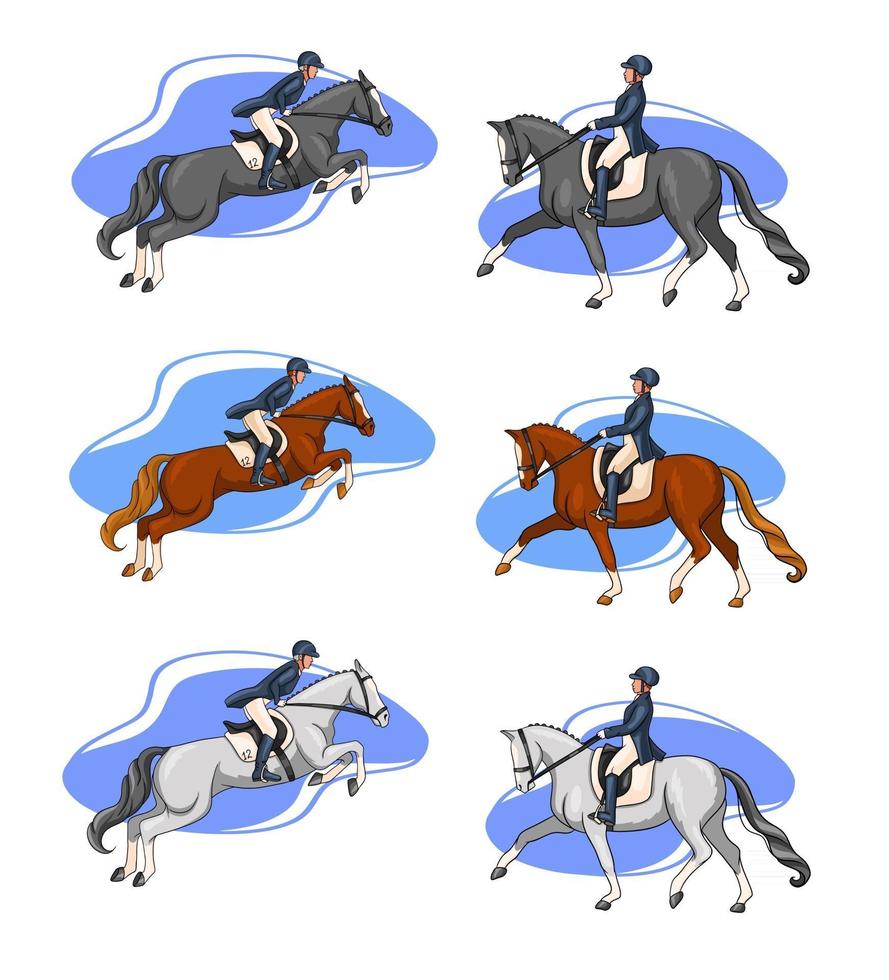 mujer de equitación montando caballo de doma en estilo de dibujos animados vector